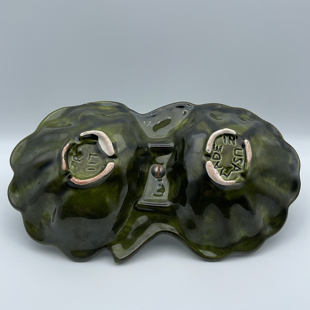 Vintage Avocado‎ Green Divided Dish w/Silver Handle California Pottery USA - Picture 3 of 7
